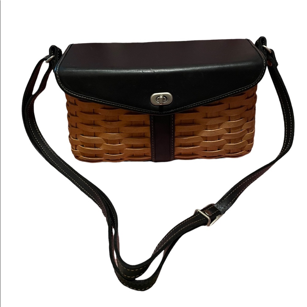 Longaberger Brown Woven Shoulder Bag with Black Leather Flap